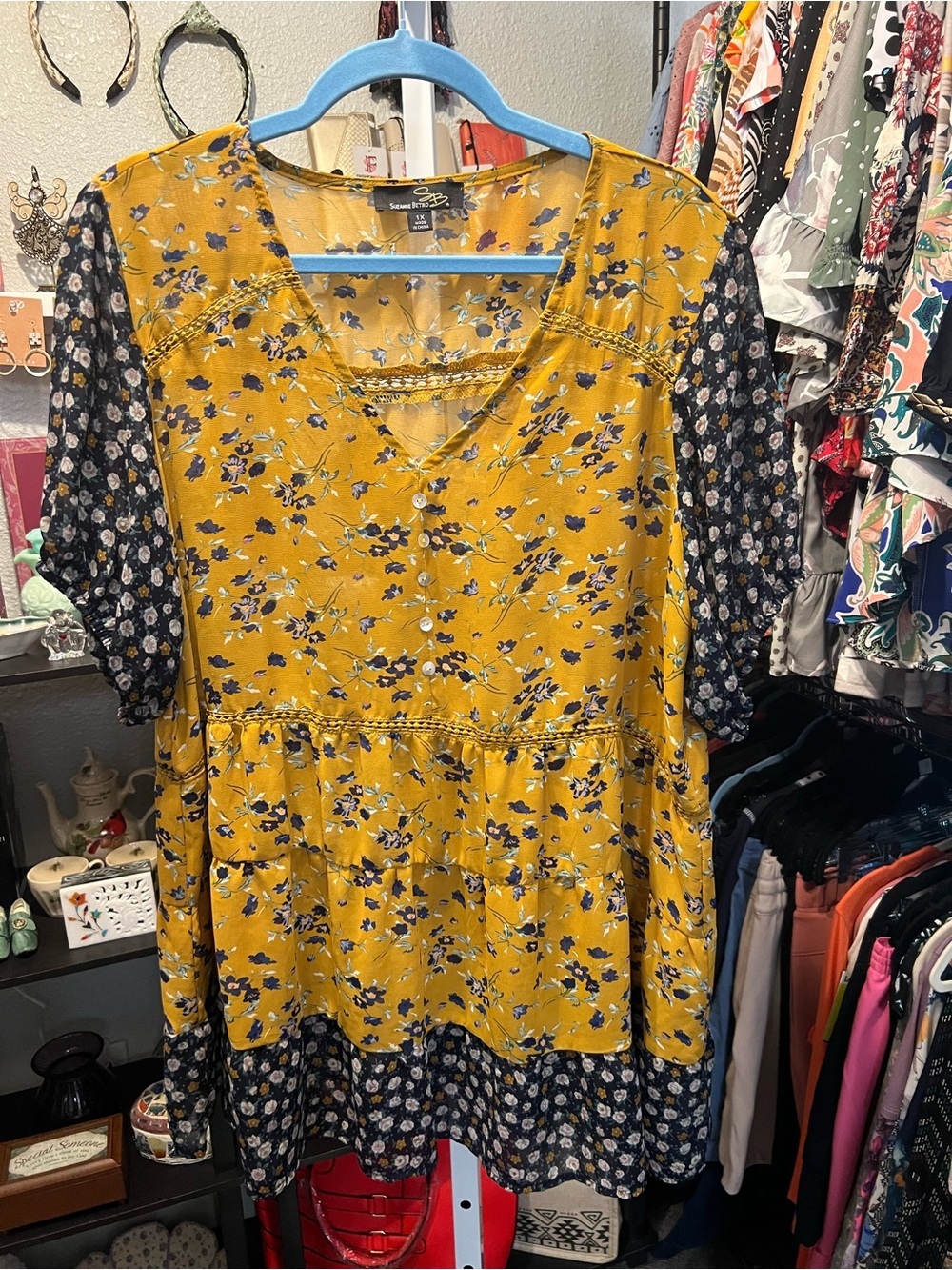 Suzanne Betro Mustard and Navy Floral Mixed-Print Tunic